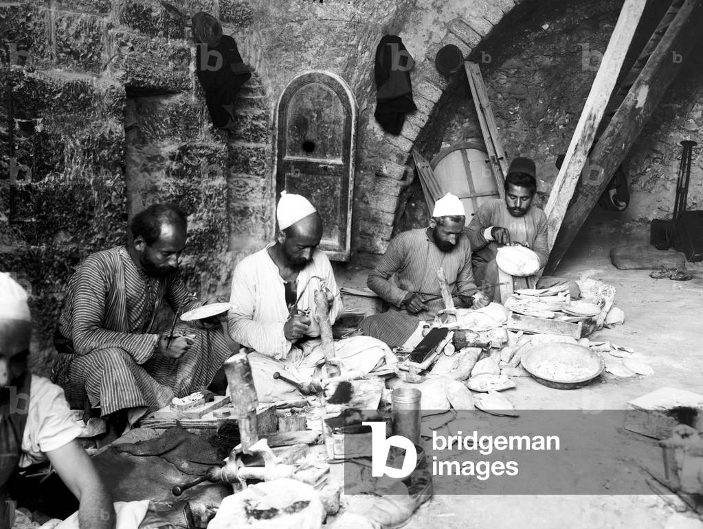 Palestine: Palestinian workers crafting mother of pearl, Jerusalem, c. 1910