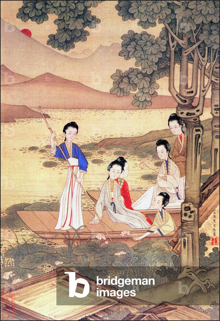 China: Painting of Qing Dynasty ladies punting on a lotus-filled lake (c. early 19th century)