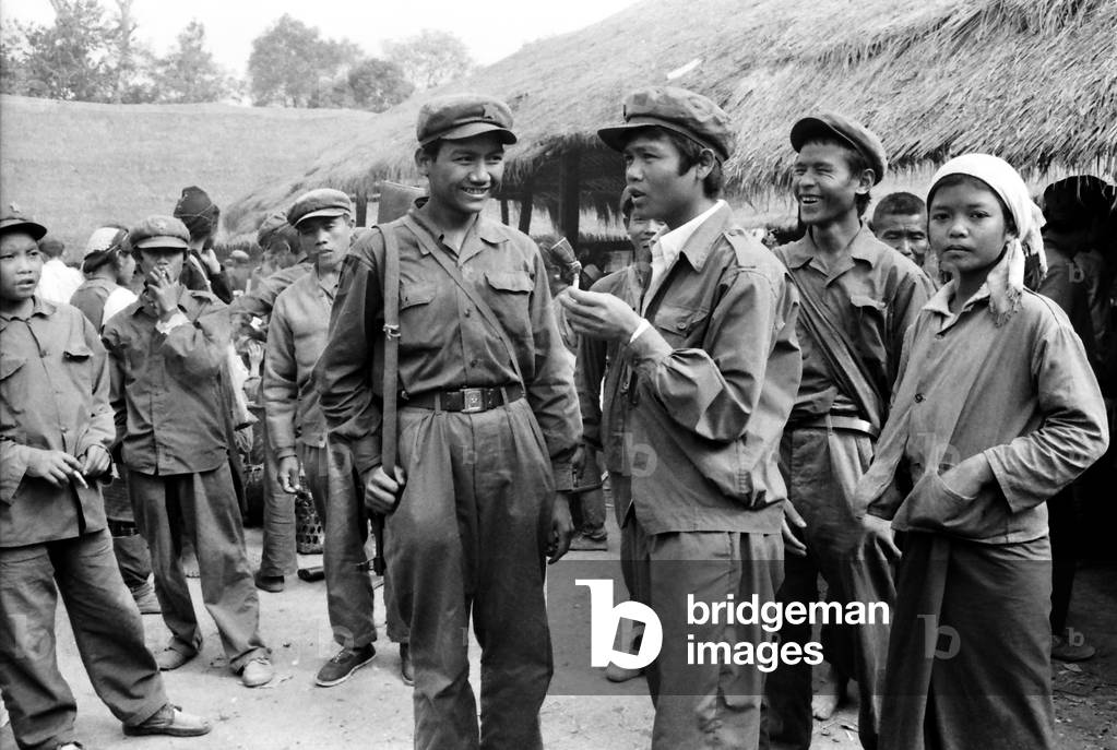 Burma / Myanmar: CPB soldiers in a market, Communist Party of Burma (CPB), (c. 1985)
