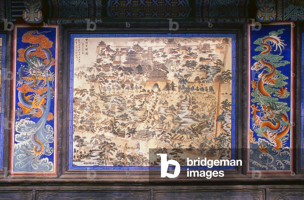 China: Stylised map of ancient Zhangye near the Great Buddha Temple, Zhangye, Gansu Province