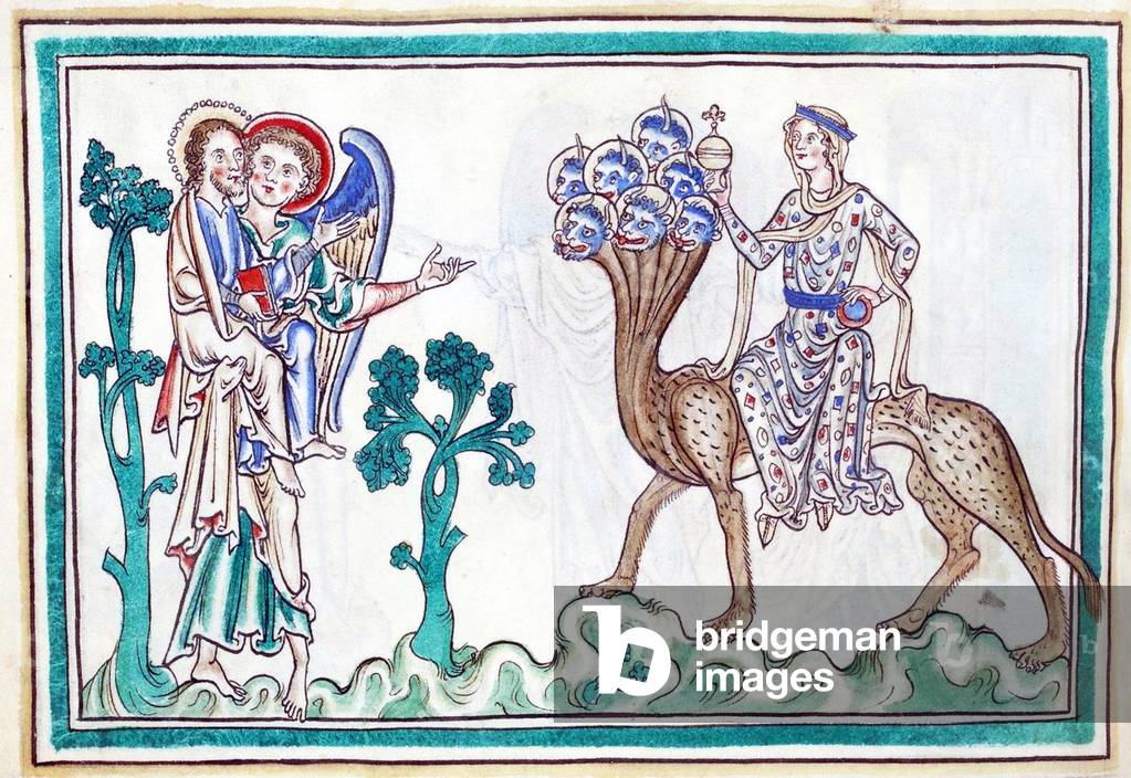 England: The Whore of Babylon, Revelation 17:1-18. Hand-coloured drawing, Salisbury (Sarum), c. 1240