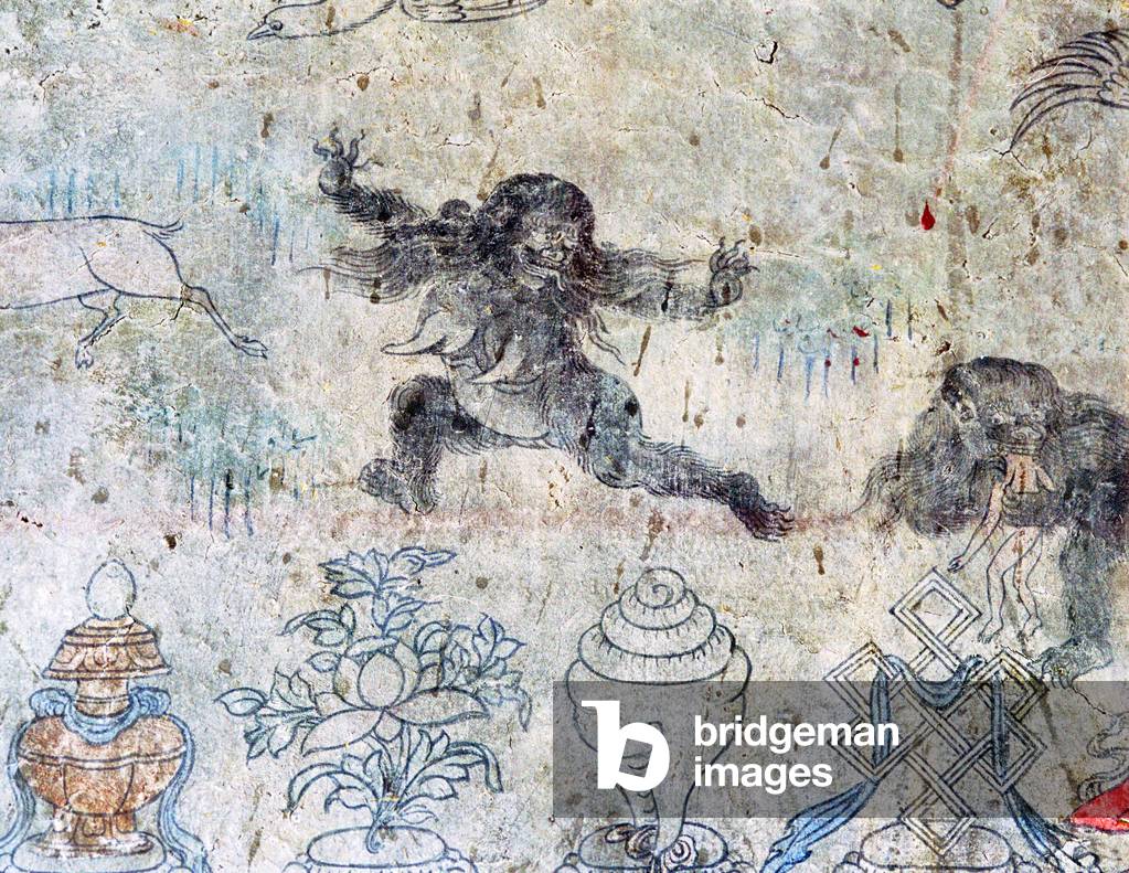 China / Tibet: Tibetan mural showing two 'migo' or yeti, one on the right consuming a human being, c. late 19th century