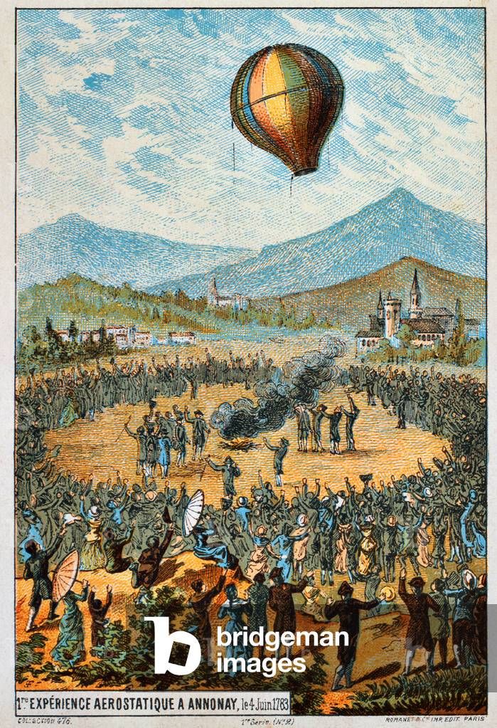 France: Early Flight - 'Premiere experience aerostatique a Annonay, 1783' (First test flight with an aerostat at Annonay, 1783), Paris, Romanet, c. 1895