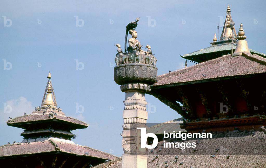 Nepal: The Pratap Dhvaja or the King Pratap Malla Column, in front of the Hanuman Dhoka in Durbar Square, Kathmandu (1998)