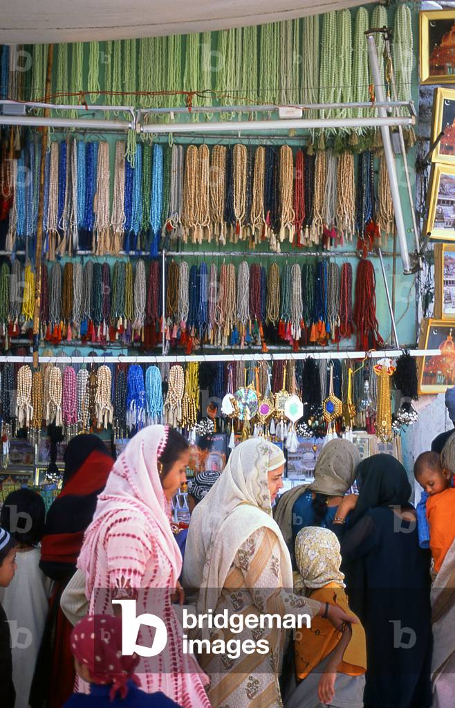 India: A bangle and bead shop next to the Dargah Sharif of Sufi saint Moinuddin Chishti, Ajmer, Rajasthan