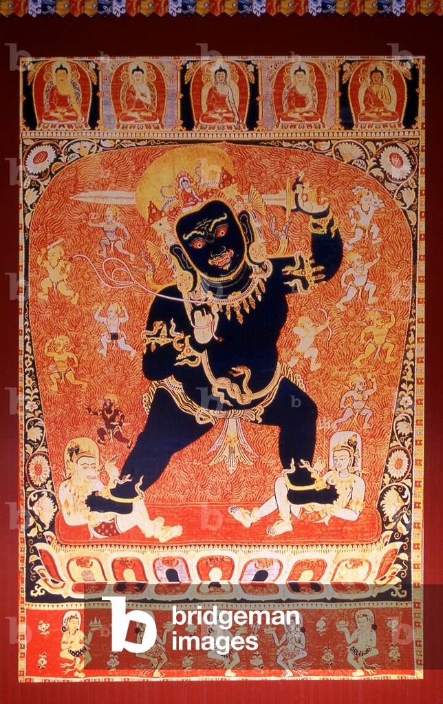 China: The bodhisattva Vajrapani, protector and guide of Gautama Buddha, Tibetan Buddhist thangka painting hanging in the Putuo Zongcheng Temple, Chengde, Hebei Province