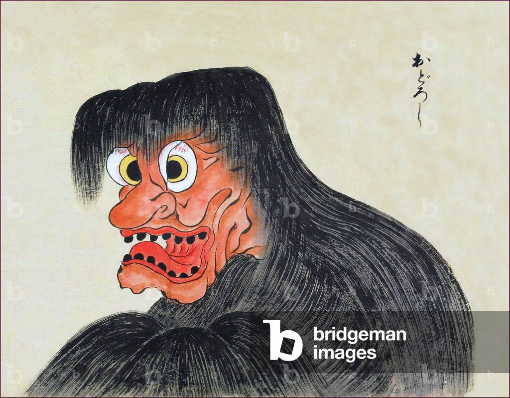 Japan: The Odoroshi is a red-faced monster with big eyes, black teeth, and long hair. From the Bakemono Zukushi Monster Scroll, Edo Period (1603-1868).