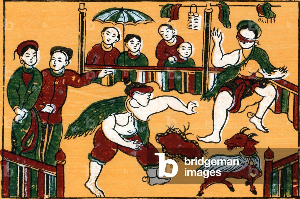 Vietnam: A blindfolded couple attempt to catch a goat, a popular Tet (Lunar New Year) Festival game - traditional woodblock painting from Dong Ho village, Bac Ninh Province