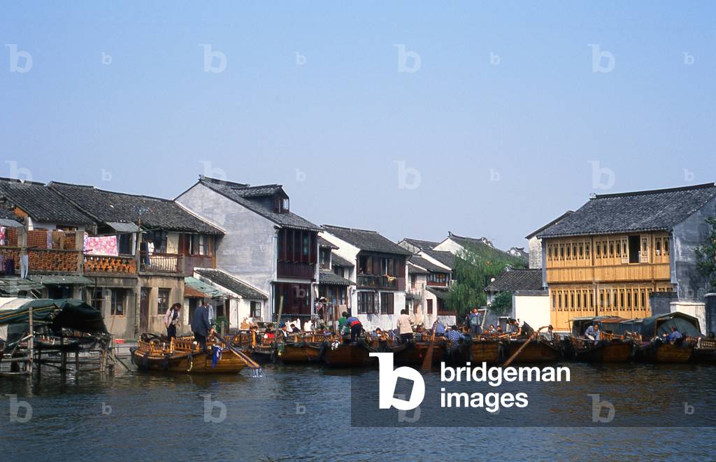 China: Boats on a canal in the 'Water Town' of Zhouzhuang, Jiangsu Province