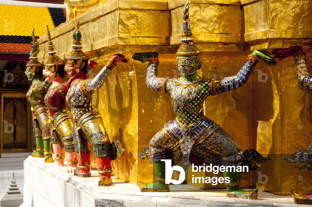Thailand: Giants and monkey supporting a chedi (all the giants around the chedi are characters from the Ramakien), Wat Phra Kaeo (Temple of the Emerald Buddha), Grand Palace, Bangkok