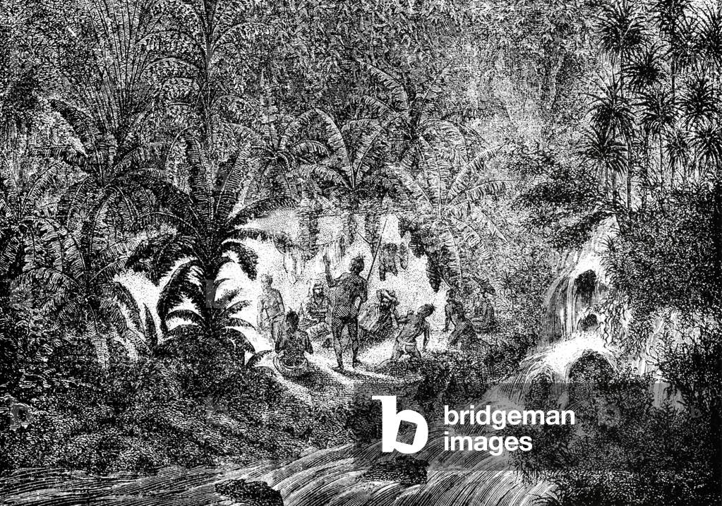 Burma/ Myanmar: An 1867 drawing by French expeditioner Louis Delaporte showing the explorers' overnight camp site on the banks of a ravine off the Mekong River in Shan State.