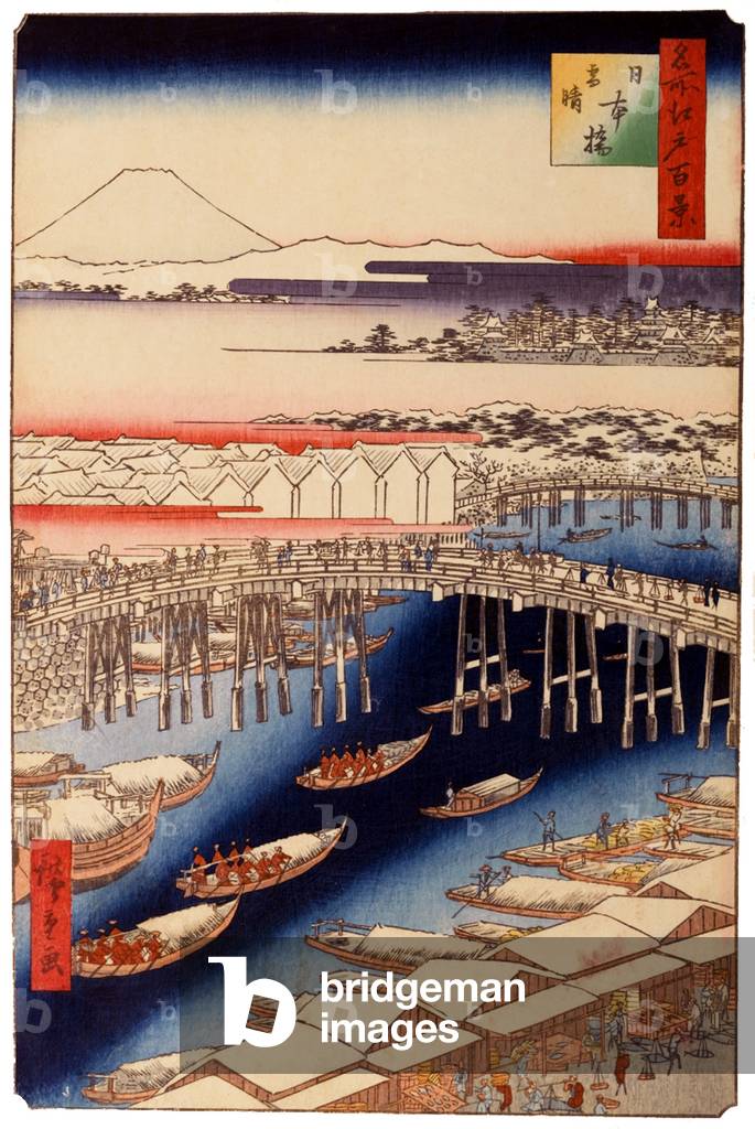 Japan: Spring: Nihonbashi: Clearing Edo's iconic 'Bridge of Japan' after snow. Image 1 of '100 Famous Views of Edo'. Utagawa Hiroshige (first published 1856-59)