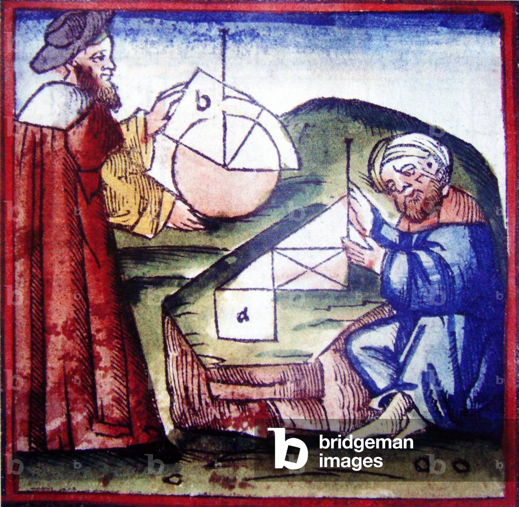 Spain / Al-andalus: A Muslim and a Christian practicing geometry together, from a 15th century illuminated Manuscript