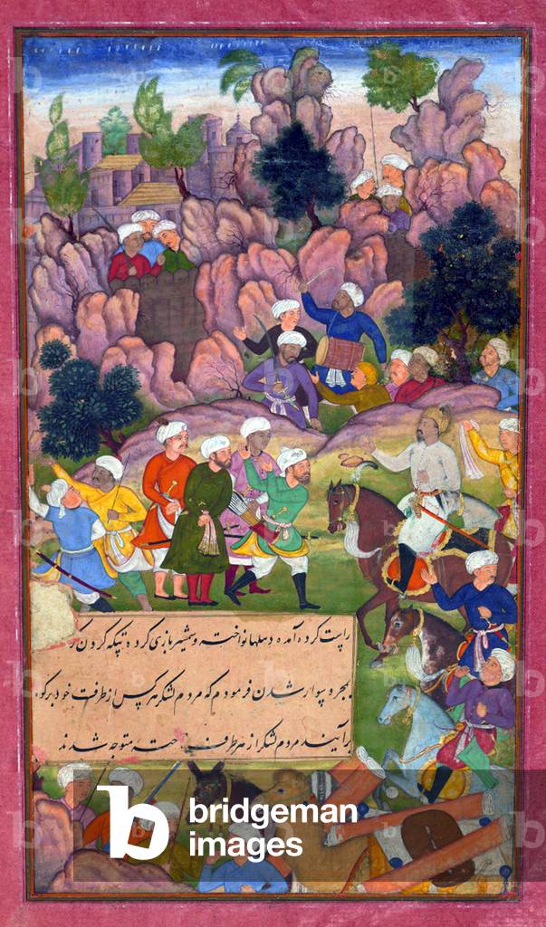 India: Scene from the Baburnama. Zahir ud-din Muhammad Babur (1483-1531) the first Mughal Emperor, battle with Afghans at the Jīkdālīk (Jagdalak) pass