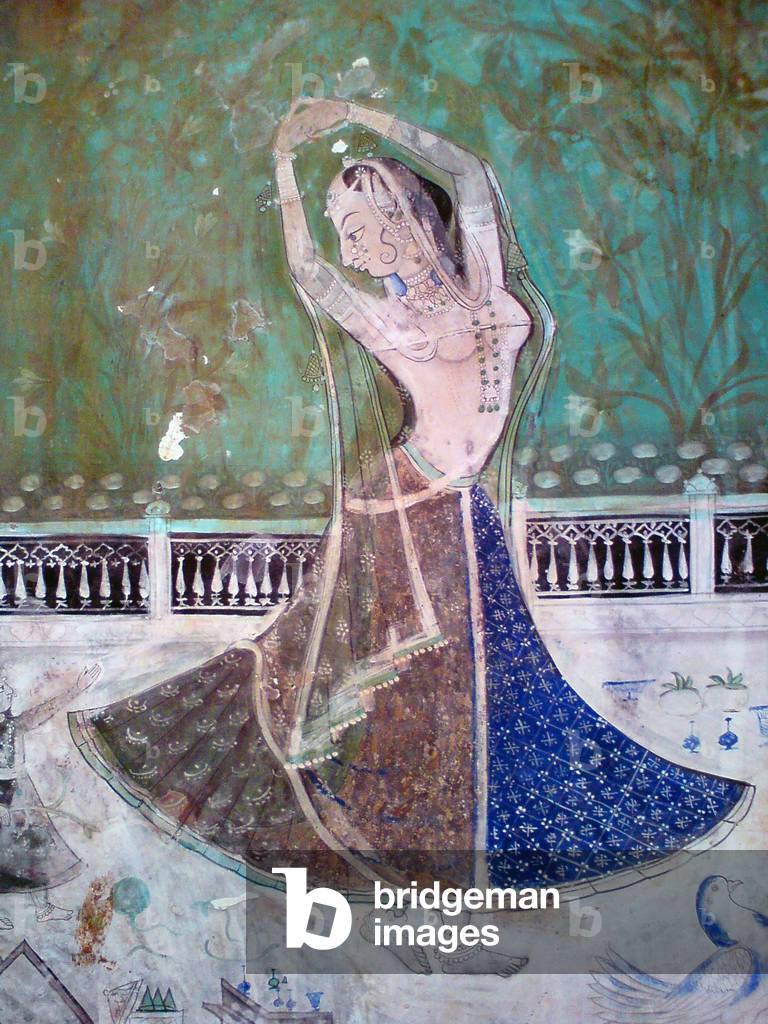 India: A mural of a woman with a child waiting for her absent lover, Bundi Palace, Bundi, Rajasthan, 19th century