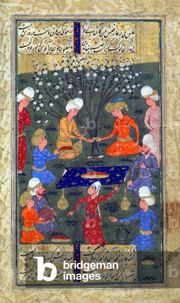 Iran / Persia: A garden party with dance, music and wine. Miniature from a Divan of Hafez Shirazi, Safavid, 17th century