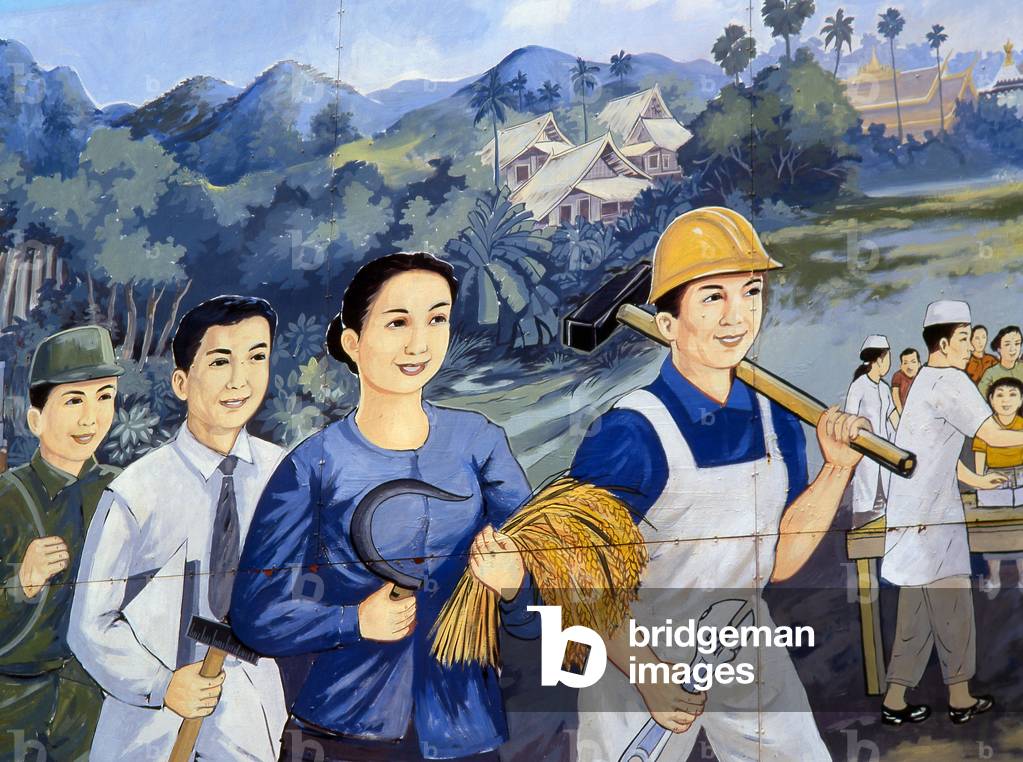 Laos: Revolutionary Socialist realist-style political poster on the streets of Vientiane