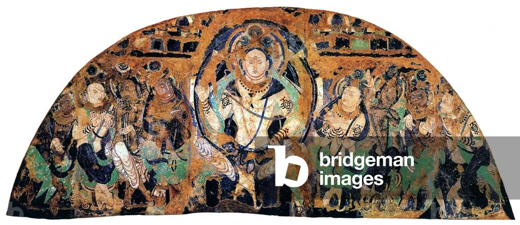China: The Buddha Maitreya teaching, surrounded by disciples, Kizil Thousand Buddha Caves, Xinjiang, c. 7th-8th century CE