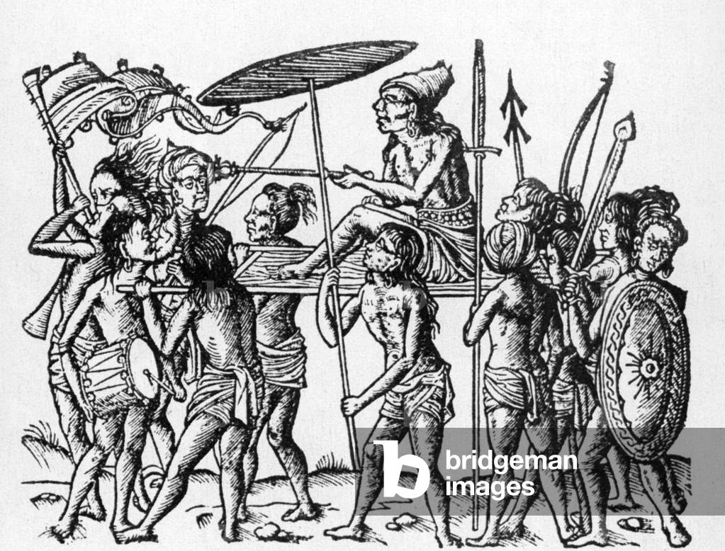 Portugal/ India: The ruler of Cochin, depicted at the time of his meeting with Portuguese explorer Pedro Alvares Cabral in 1500 CE.