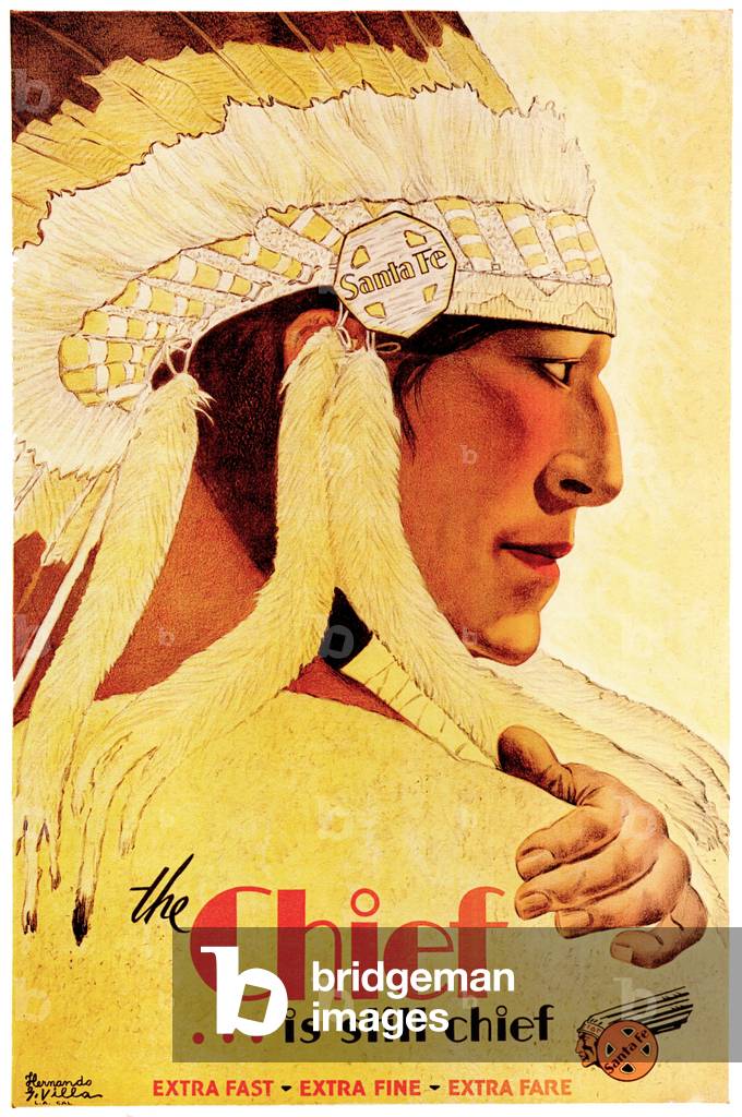 'The Chief is Still Chief', Santa Fe Line travel poster featuring a stylised Native American, 1936 (colour litho)