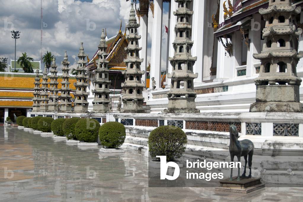 Thailand: Some of the 28 Chinese pagodas that surround the terrace of the viharn, Wat Suthat, Bangkok