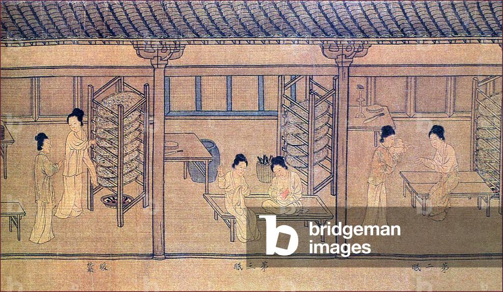 China: The Art of Making Silk (2), Feeding and caring for silk worms while doing other chores such as sewing and playing with a baby