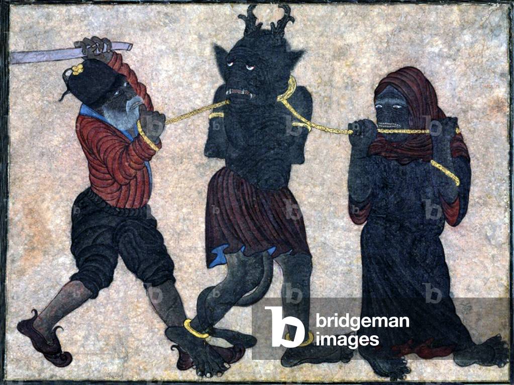 Central Asia: Siyah Kalem School, 15th century, Two demons leading and beating a third demon
