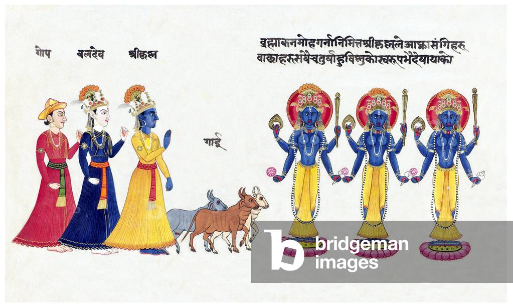 Nepal: Gopi milkmaids and three cattle approach a triple manifestation of Krishna standing on lotus blooms. Anonymous, Kathamandu Valley, c. 1840
