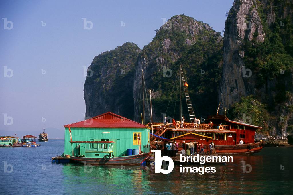 Vietnam: A tourist boat visiting a small fishery, Halong Bay, Quang Ninh Province
