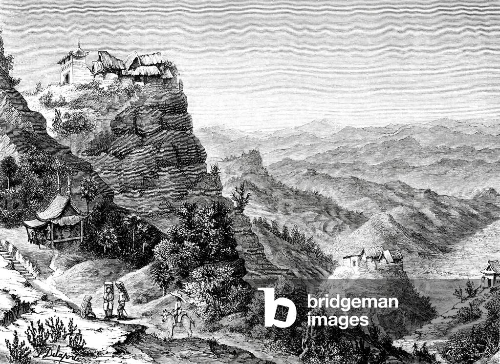 China: A French expedition came across this hamlet overlooking A Yunnan valley en route to Ta-kouan in 1868.