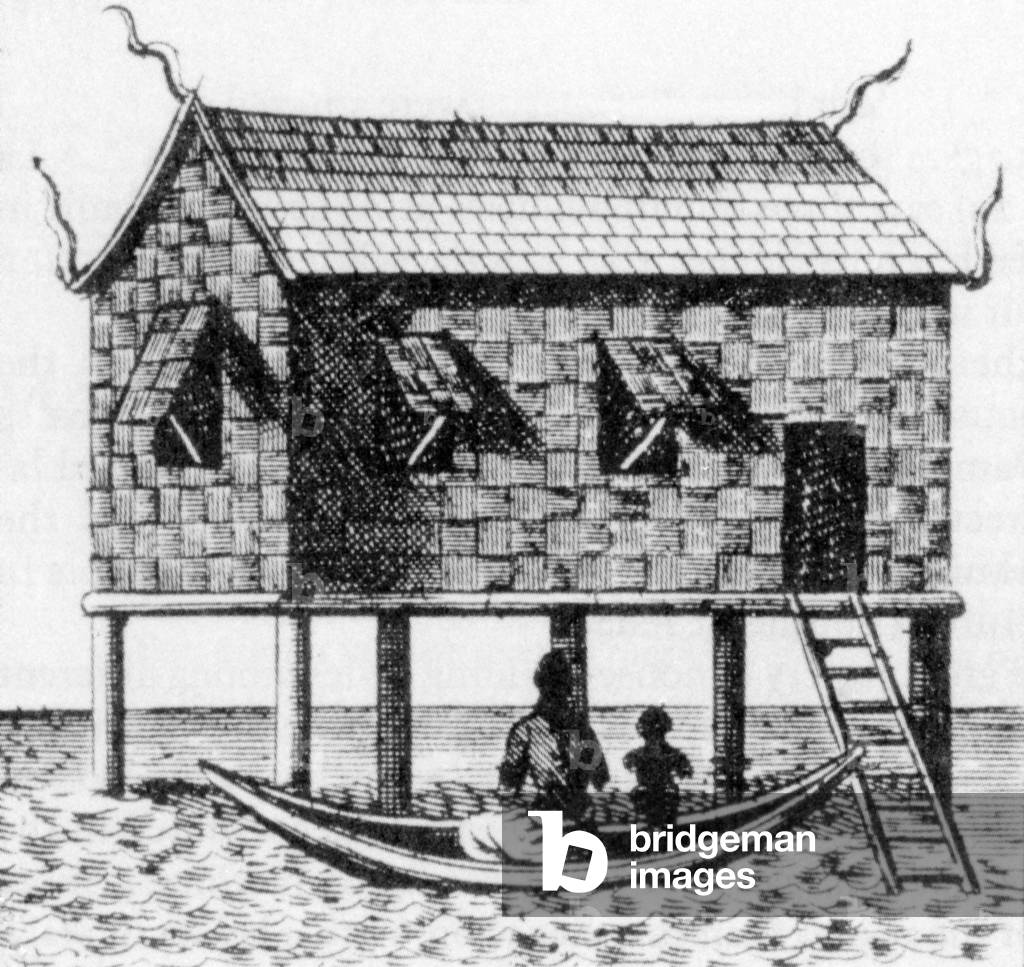 Thailand: Drawing of a simple Siamese house in the wet season.