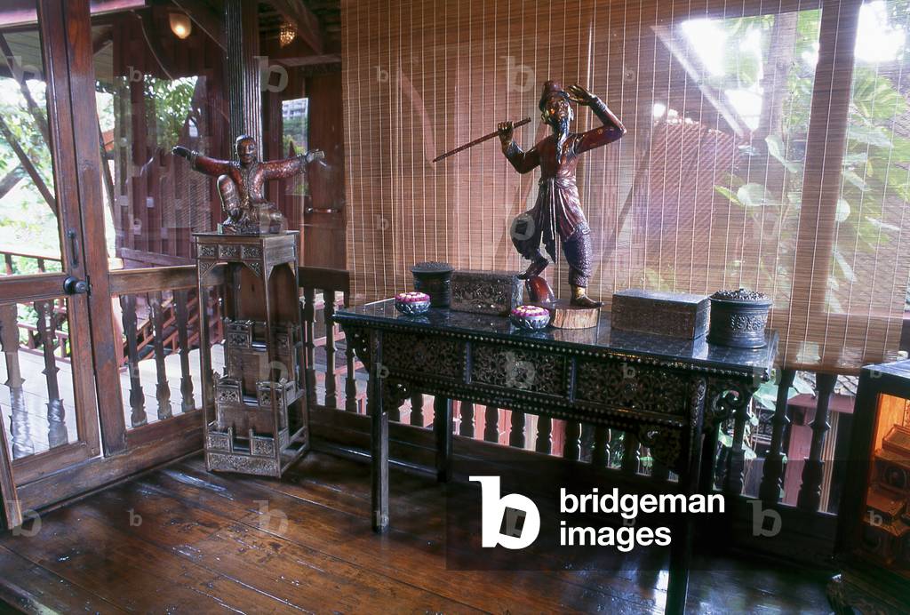 Thailand: Balcony section of the master bedroom, with Burmese figures, Jim Thompson House, Bangkok
