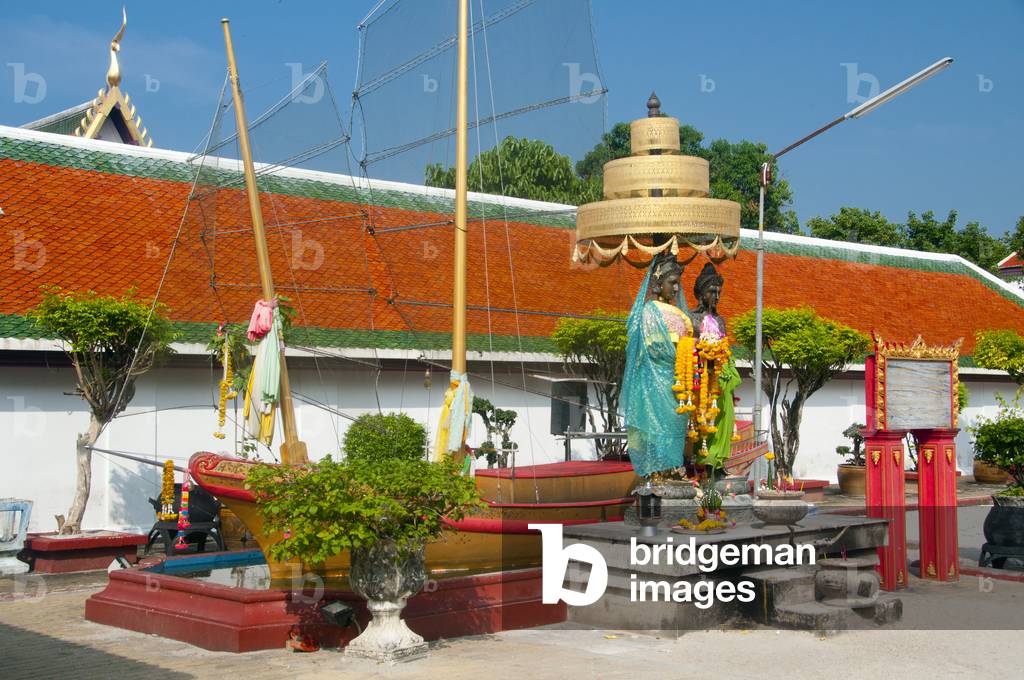 Thailand: Model sampan at the 'Beach of the Crystal Sands', Wat Phra Mahathat, Nakhon Sri Thammarat