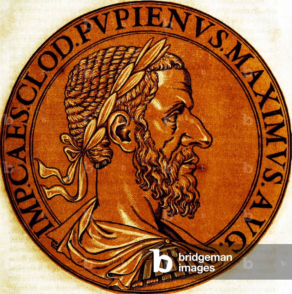 Italy: Icon of Pupienus (165/170-238), joint 30th Roman emperor, from the book 'Icones imperatorvm romanorvm' (Icons of Roman Emperors), Antwerp, c. 1645