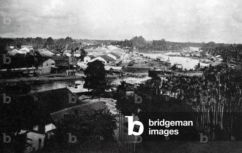 Vietnam: A panoramic view of the market and docks of Cantho in Cochinchina in 1919.