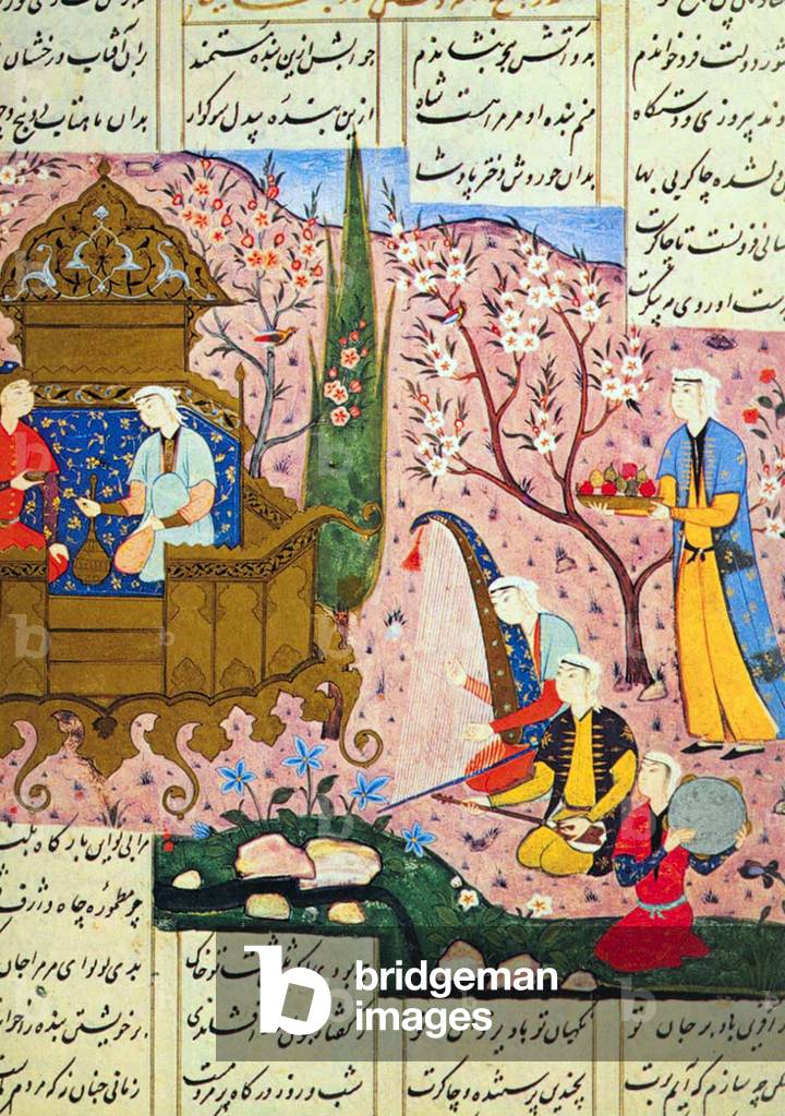 Iran / Persia: A garden party with wine and music. Safavid, 16th-17th century