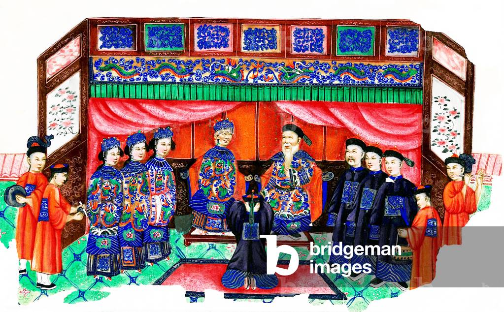 China: A court scene. Qing Dynasty watercolour painting by an anonymous artist, mid to late 19th century