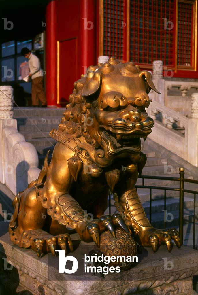 China: Imperial Guardian Lion at the front of the Gate of Heavenly Purity (Qianqingmen), The Forbidden City (Zijin Cheng), Beijing