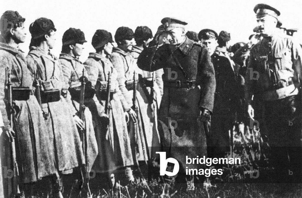 Russia: White Russian commander Admiral Kolchak inspecting White (counter-revolutionary) troops at Omsk in Siberia, 1919