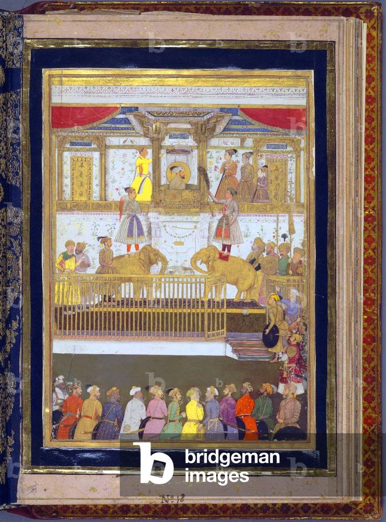 India: Shah Jahan (r.1627-1658) and his court, showing the emperor on a balcony, fanned by attendants standing on gilded elephants.