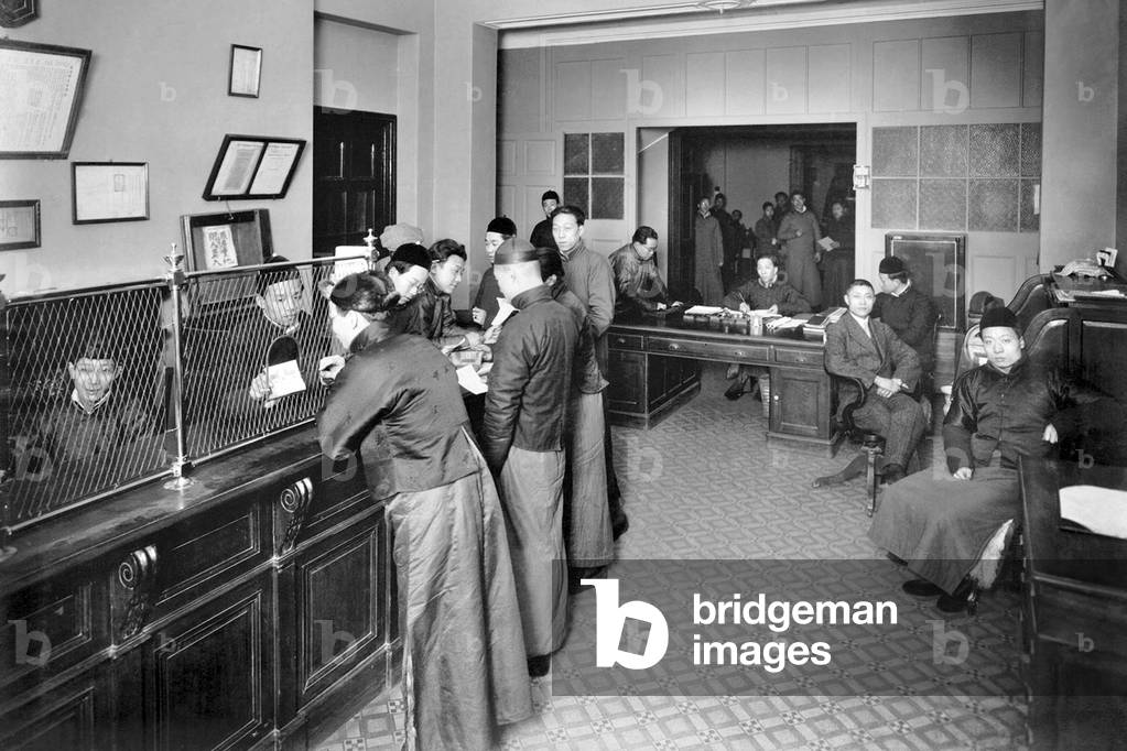 China: Reception booths at the International Savings Society on Avenue Edward VII, now Yan'an East Road, 1913