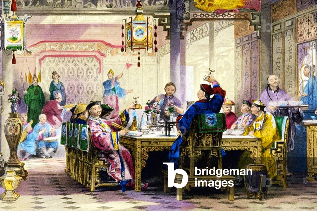 China: A high mandarin and officials entertained at a dinner party. Thomas Allom, c. 1845