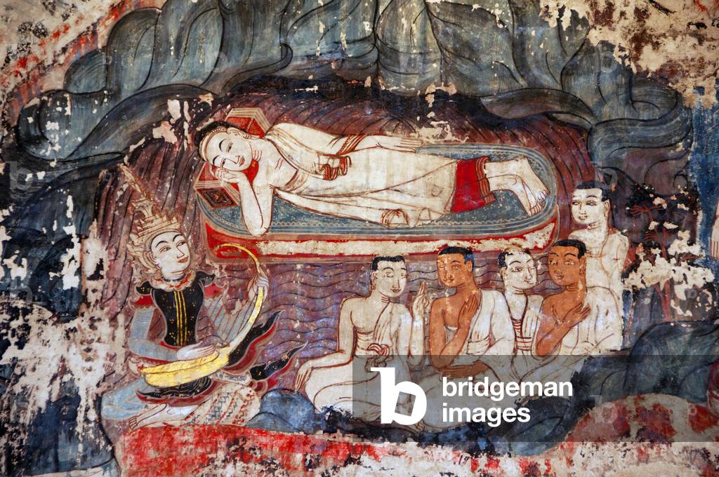 Thailand: Playing a musical instrument, southern wall mural, Wat Buak Khrok Luang, Chiang Mai