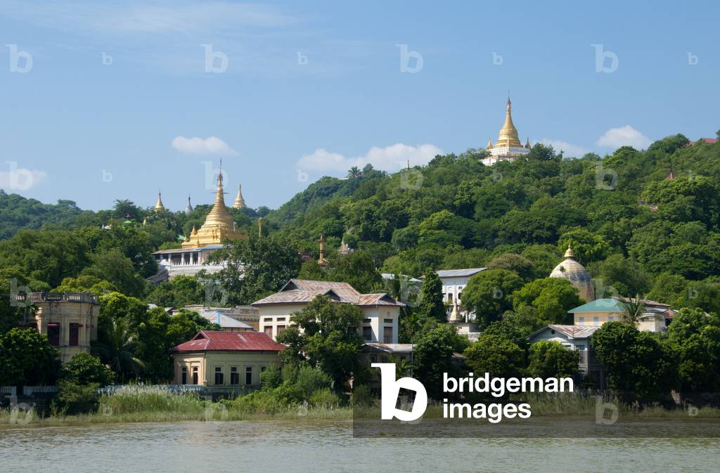 Burma / Myanmar: Pagodas at Sagaing seen from the Irrawaddy / Ayeyarwady River, near Mandalay