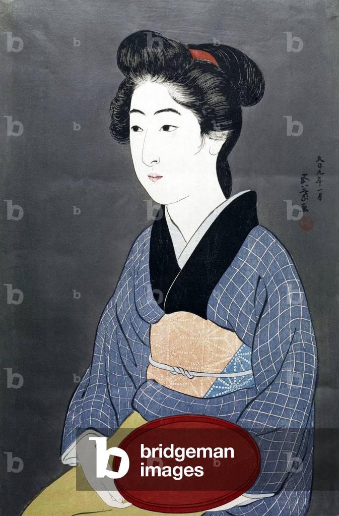 Japan: A waitress with a red tray. Goyo Hashiguchi, early 20th century