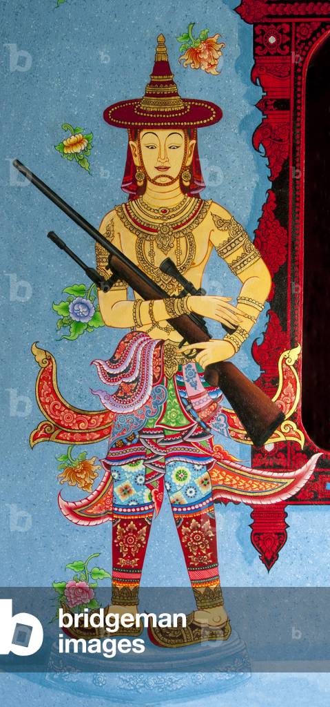 Thailand: Controversial mural of an Ayutthaya-era soldier holding a modern sniper rifle, Lak Muang (City Pillar shrine) Wat Chedi Luang, Chiang Mai. The modern weapons were painted over and replaced with traditional weapons in July, 2014