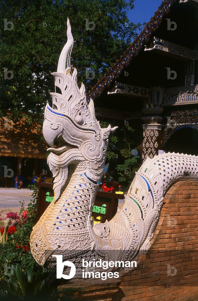 Thailand: Naga (mythical snake) balustrade in front of the viharn at Wat Lok Moli, Chiang Mai, northern Thailand