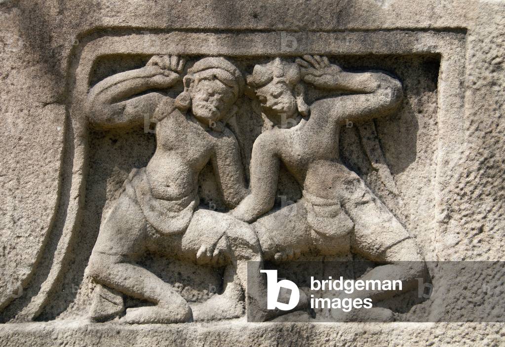 Vietnam: Wrestlers with moustaches, 10th century, Cham Museum, Danang