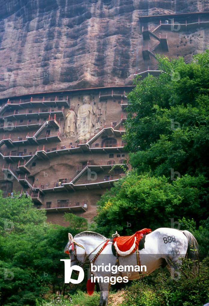 China: A horse awaits tourists, Maiji Shan Grottoes, Tianshui, Gansu Province
