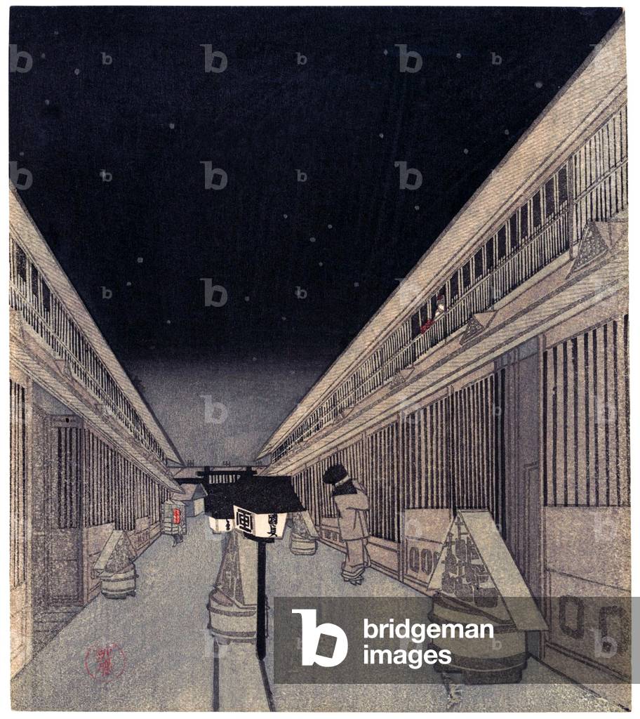 Japan: 'Main Street of the Yoshiwara on a Starlight Night'. Utagawa Kunisada II (1823-1880). The artists's signature is on the lantern in the foreground